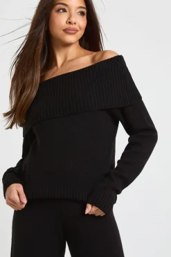 Ensemble pull Bardot tricoté épais et pantalon à jambe droite