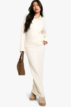 boohoo Ensemble pull à col en maille côtelée épaisse et jupe maxi<Femme Pulls Et Gilets|Toutes Les Mailles