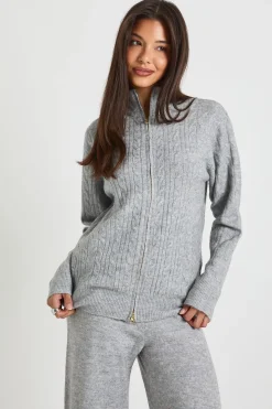 Ensemble pull à col montant en maille torsadée avec fermeture éclair intégrale et pantalon à jambe droite assorti
