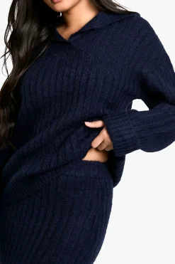 boohoo Ensemble pull et jupe maxi en maille côtelée douce avec détail de col<Femme Pulls Et Gilets|Toutes Les Mailles