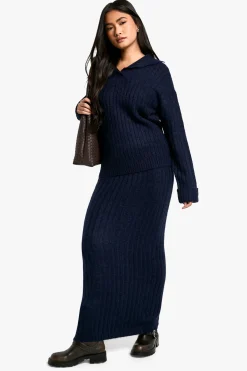 boohoo Ensemble pull et jupe maxi en maille côtelée douce avec détail de col<Femme Pulls Et Gilets|Toutes Les Mailles