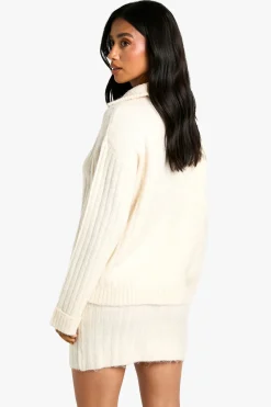 Ensemble pull oversize en maille douce à côtes épaisses avec col zippé et mini-jupe