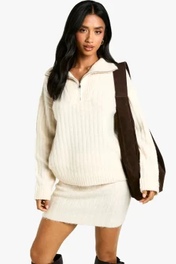 Ensemble pull oversize en maille douce à côtes épaisses avec col zippé et mini-jupe