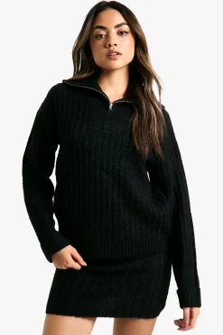 boohoo Ensemble pull oversize en maille douce à côtes épaisses et mini-jupe assortie à col zippé<Femme Pulls Et Gilets|Toutes Les Mailles