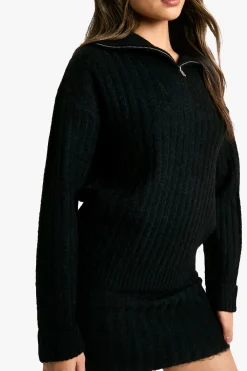 boohoo Ensemble pull oversize en maille douce à côtes épaisses et mini-jupe assortie à col zippé<Femme Pulls Et Gilets|Toutes Les Mailles