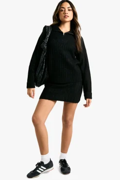 boohoo Ensemble pull oversize en maille douce à côtes épaisses et mini-jupe assortie à col zippé<Femme Pulls Et Gilets|Toutes Les Mailles