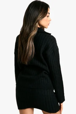 boohoo Ensemble pull oversize en maille douce à côtes épaisses et mini-jupe assortie à col zippé<Femme Pulls Et Gilets|Toutes Les Mailles