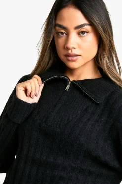 Ensemble pull surdimensionné en maille douce à côtes épaisses avec col zippé et pantalon à jambes larges