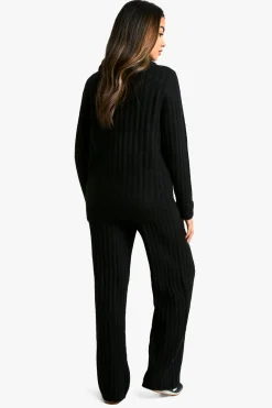 Ensemble pull surdimensionné en maille douce à côtes épaisses avec col zippé et pantalon à jambes larges