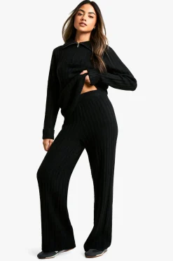 Ensemble pull surdimensionné en maille douce à côtes épaisses avec col zippé et pantalon à jambes larges