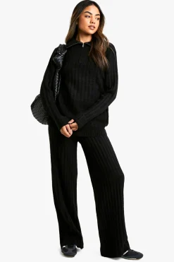 Ensemble pull surdimensionné en maille douce à côtes épaisses avec col zippé et pantalon à jambes larges