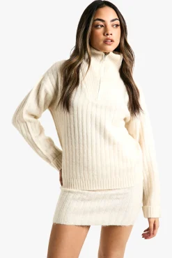 boohoo Ensemble pull surdimensionné en tricot doux à côtes épaisses avec col zippé et mini-jupe<Femme Pulls Et Gilets|Toutes Les Mailles