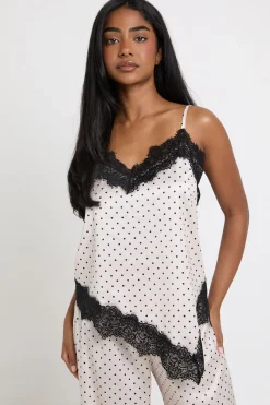 Ensemble Pyjama Caraco Et Pantalon En Satin À Pois Avec Ourlet Asymétrique Et Finitions En Dentelle