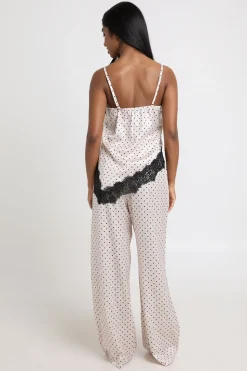 Ensemble Pyjama Caraco Et Pantalon En Satin À Pois Avec Ourlet Asymétrique Et Finitions En Dentelle