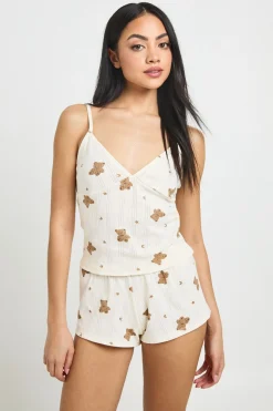 Ensemble Pyjama Caraco Et Short En Pointelle À Imprimé Ourson Avec Finitions En Dentelle