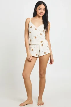 Ensemble Pyjama Caraco Et Short En Pointelle À Imprimé Ourson Avec Finitions En Dentelle