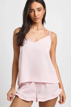 Ensemble Pyjama Caraco Satiné Et Short À Détail Volant