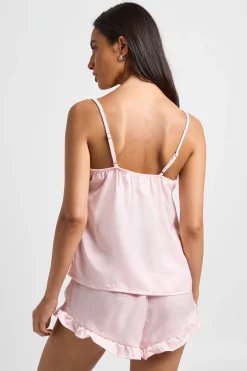 Ensemble Pyjama Caraco Satiné Et Short À Détail Volant