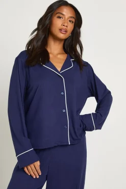 boohoo Ensemble Pyjama Chemise Et Pantalon À Manches Longues Avec Détail Passepoil Petite<Femme Pyjamas