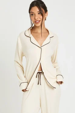 Ensemble Pyjama Chemise Et Pantalon À Manches Longues En Côtes Douces Avec Passepoil Contrastant
