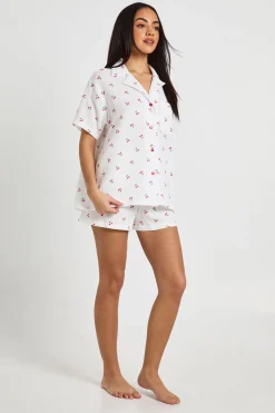 boohoo Ensemble Pyjama Chemise À Manches Courtes Et Short En Coton Texturé Imprimé Cerises<Femme Pyjamas