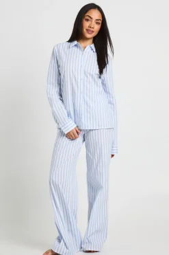 boohoo Ensemble Pyjama Chemise À Manches Longues Et Pantalon En Popeline De Coton À Fines Rayures<Femme Pyjamas