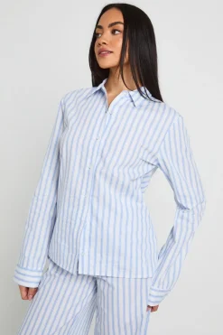 boohoo Ensemble Pyjama Chemise À Manches Longues Et Pantalon En Popeline De Coton À Fines Rayures<Femme Pyjamas