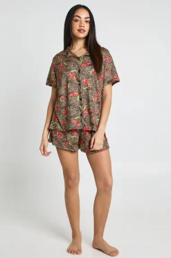 Ensemble Pyjama Chemise À Manches Courtes Et Short Imprimé Cerises Et Léopard