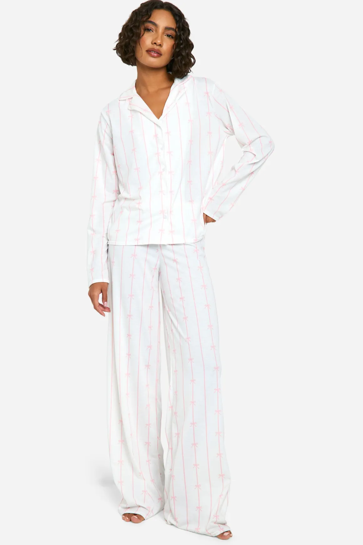 Ensemble Pyjama Chemise À Manches Longues Et Pantalon À Rayures Fines Et Nœud Pour Grande Taille