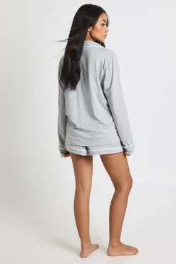 Ensemble Pyjama Chemise À Manches Longues Et Short En Jersey Avec Détails Passepoilés