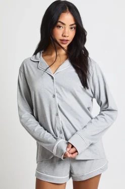 Ensemble Pyjama Chemise À Manches Longues Et Short En Jersey Avec Détails Passepoilés