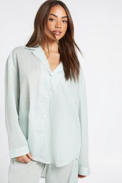 boohoo Ensemble Pyjama Chemise À Manches Longues Oversize Et Pantalon En Coton À Fines Rayures<Femme Pyjamas