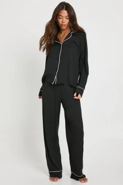 Ensemble Pyjama Chemise À Manches Longues Et Pantalon En Jersey Avec Détails Passepoilés
