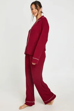 Ensemble Pyjama Chemise À Manches Longues Et Pantalon En Jersey Côtelé Doux Avec Passepoil Contrastant