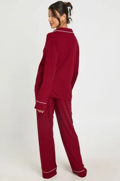 Ensemble Pyjama Chemise À Manches Longues Et Pantalon En Jersey Côtelé Doux Avec Passepoil Contrastant