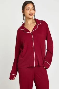 Ensemble Pyjama Chemise À Manches Longues Et Pantalon En Jersey Côtelé Doux Avec Passepoil Contrastant