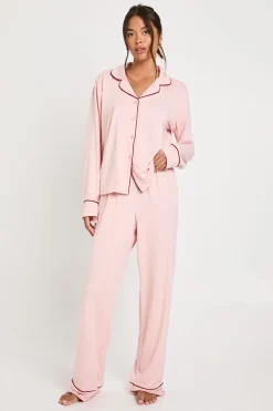 Ensemble Pyjama Chemise À Manches Longues Et Pantalon En Jersey Avec Détails De Passepoil