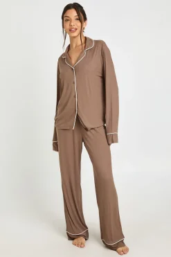 Ensemble Pyjama Chemise À Manches Longues Et Pantalon En Jersey Côtelé Doux Avec Détails De Passepoil