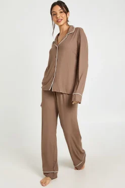 Ensemble Pyjama Chemise À Manches Longues Et Pantalon En Jersey Côtelé Doux Avec Détails De Passepoil