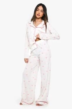 Ensemble Pyjama Chemise À Manches Longues Et Pantalon Avec Imprimé Nœuds Et Détails Passepoilés