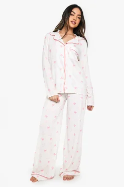 Ensemble Pyjama Chemise À Manches Longues Et Pantalon Avec Imprimé Nœuds Et Détails Passepoilés