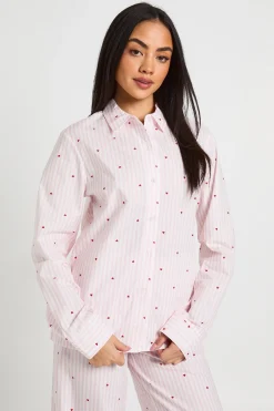 boohoo Ensemble Pyjama Chemise À Manches Longues Et Pantalon En Popeline De Coton À Rayures Fines Et Imprimé Cœurs<Femme Pyjamas