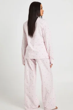 boohoo Ensemble Pyjama Chemise À Manches Longues Et Pantalon En Popeline De Coton À Rayures Fines Et Imprimé Cœurs<Femme Pyjamas