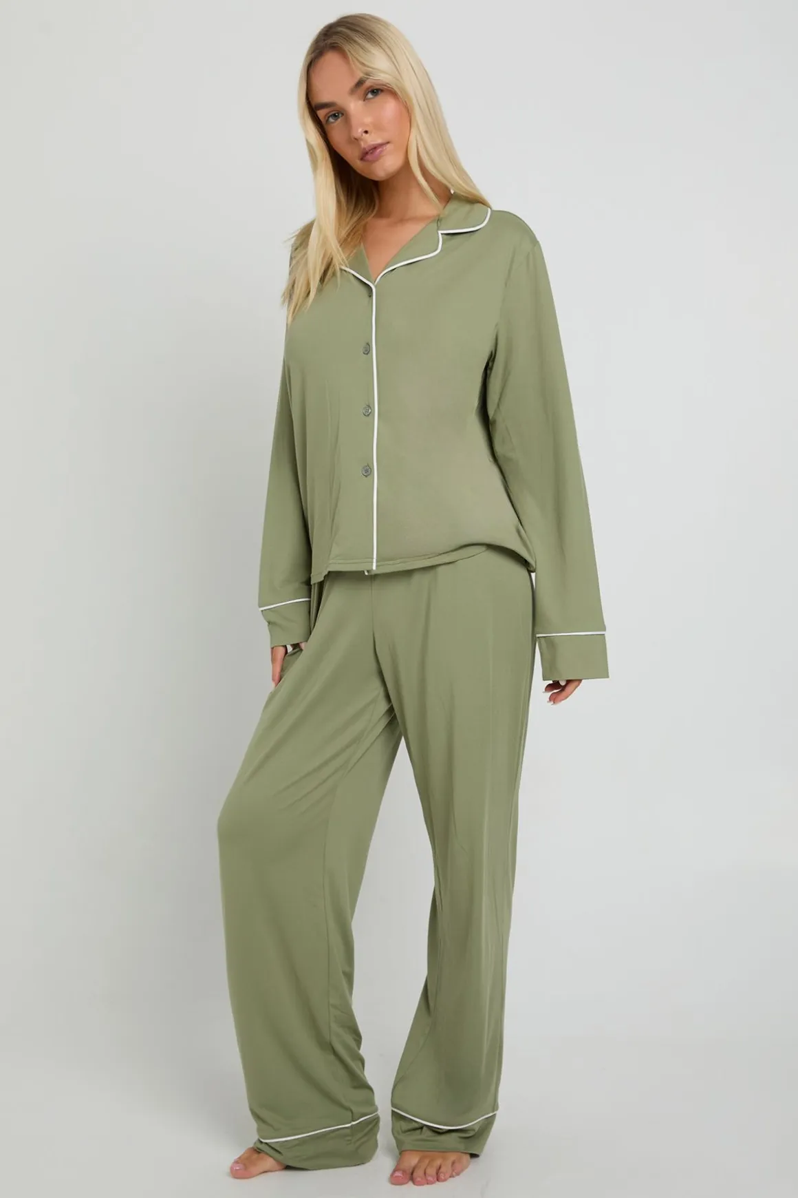 Ensemble Pyjama Chemise À Manches Longues Et Pantalon En Jersey Avec Détail Passepoil