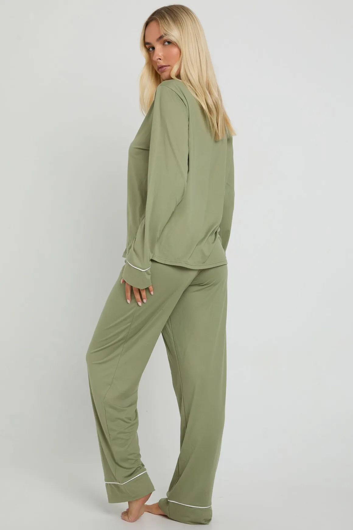 Ensemble Pyjama Chemise À Manches Longues Et Pantalon En Jersey Avec Détail Passepoil