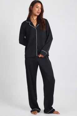 Ensemble Pyjama Chemise À Manches Longues Et Pantalon En Satin Avec Détails De Passepoil Pour Grande Taille