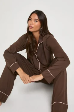 Ensemble Pyjama Chemise À Manches Longues Et Pantalon En Jersey Avec Détails Passepoilés