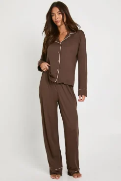 Ensemble Pyjama Chemise À Manches Longues Et Pantalon En Jersey Avec Détails Passepoilés