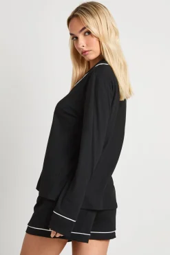 Ensemble Pyjama Chemise À Manches Longues Et Short En Jersey Avec Détails Passepoilés