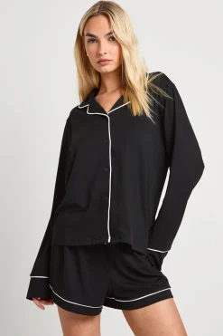 Ensemble Pyjama Chemise À Manches Longues Et Short En Jersey Avec Détails Passepoilés